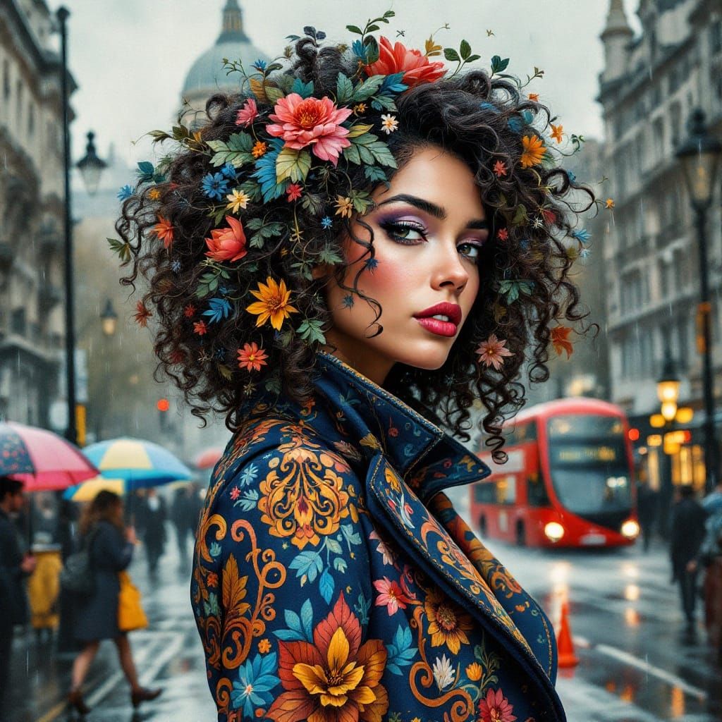 Woman with Floral Hair in Rainy London, Art Nouveau Style