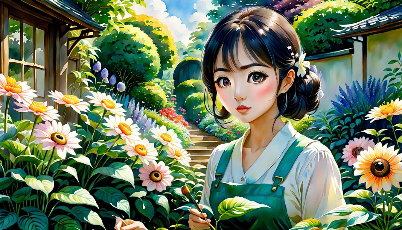 Woman Gardening in Watercolor Style