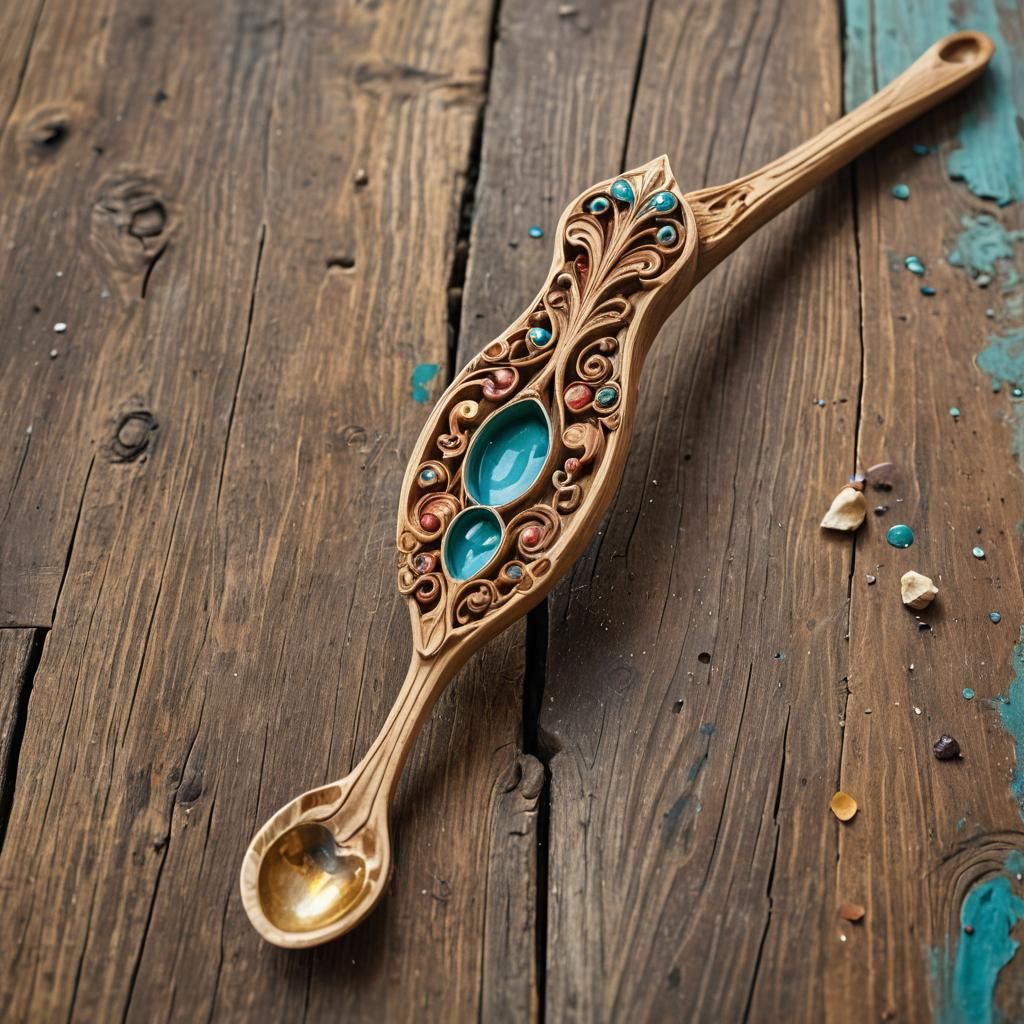 Welsh Love Spoon in Watercolor Folk Art Style