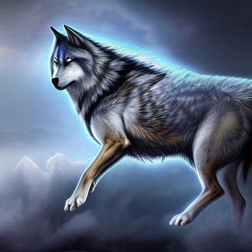 Mystical Wolf in Silver and Golden Flames