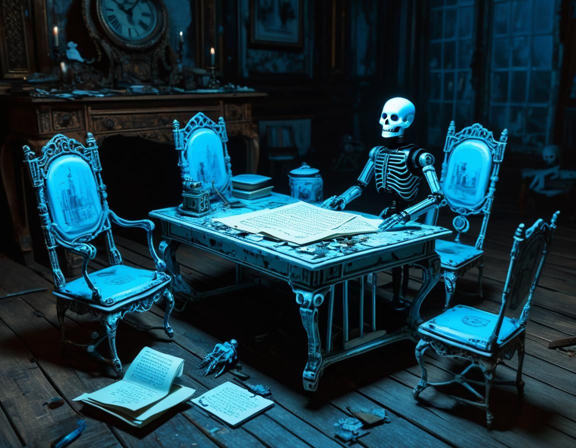 A ghost writer, hard at work, banging away at that parchment,  getting 'er done, son