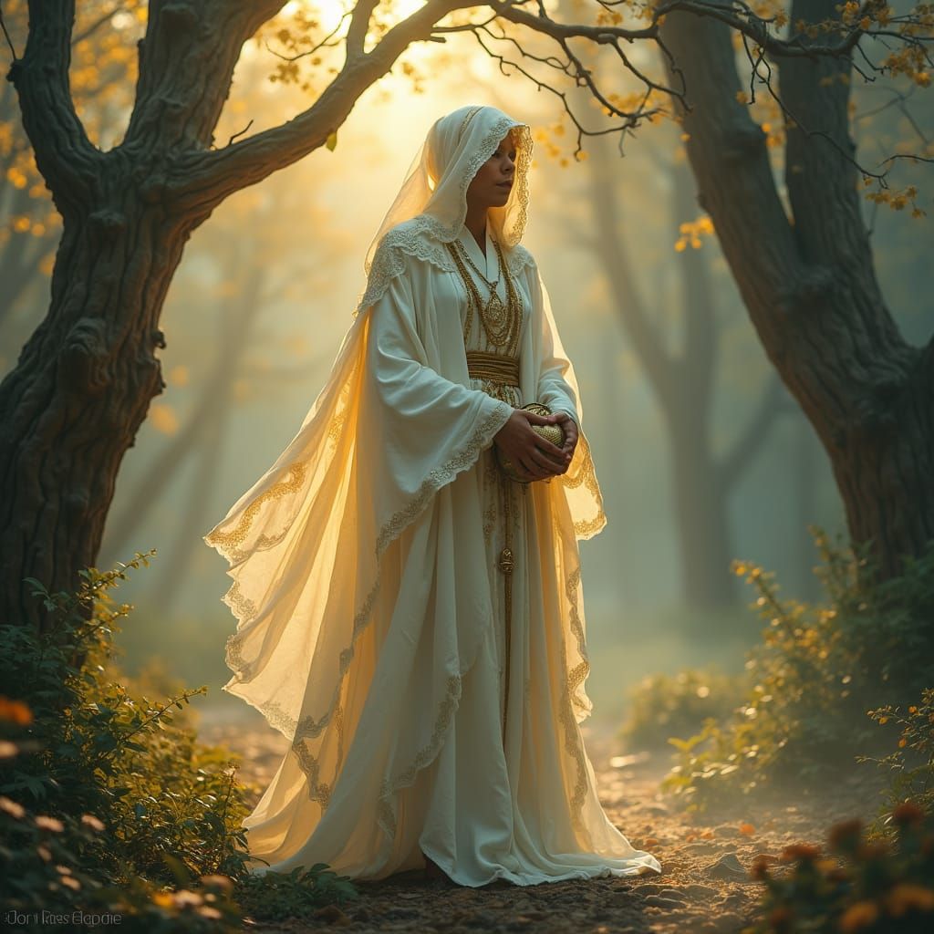 Ethereal Time Keeper in Golden Hour Forest