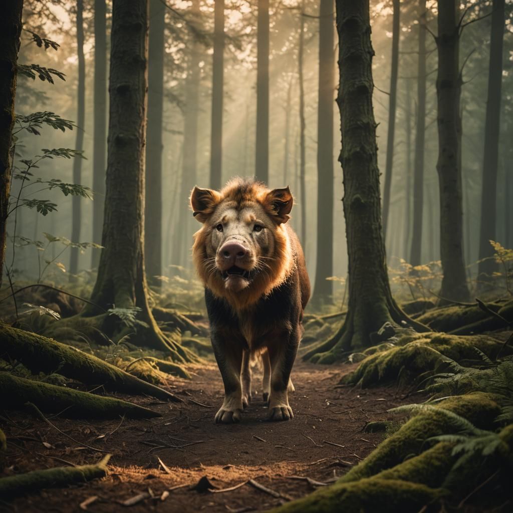 Pig-Lion Chimera in Misty Forest: Cinematic Still