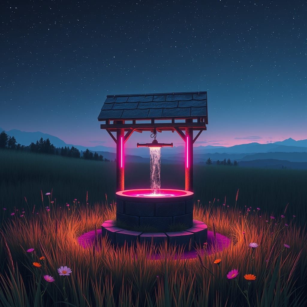 Synthwave Wishing Well Under Starry Skies