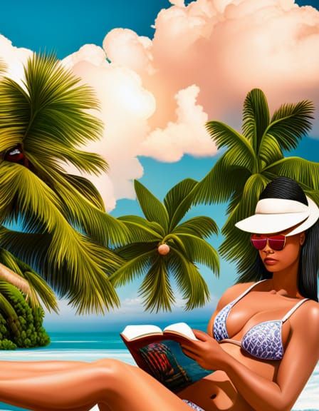 Woman Reads on Sunny Beach with Palms