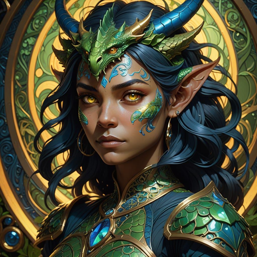 Fantasy Female Dragon Goblin Portrait in Art Nouveau Style
