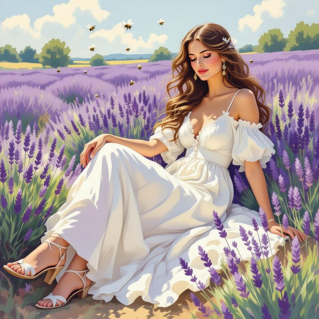 Woman in Lavender Field: Botanical Art Illustration