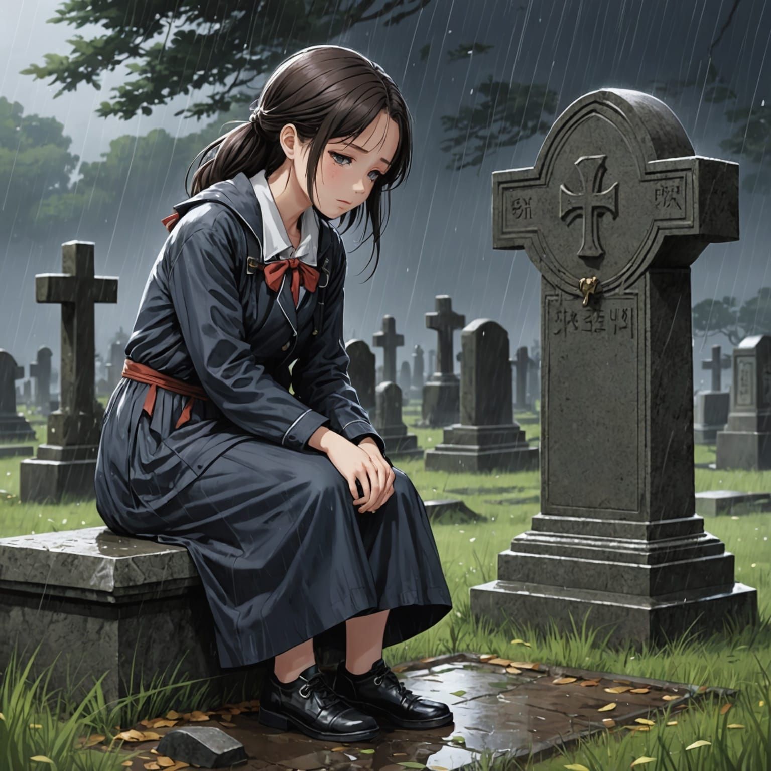 Girl Crying in Rain: Anime-Style Grave Scene
