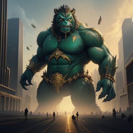 Giant Money Monster Roars Through City in Oil Painting
