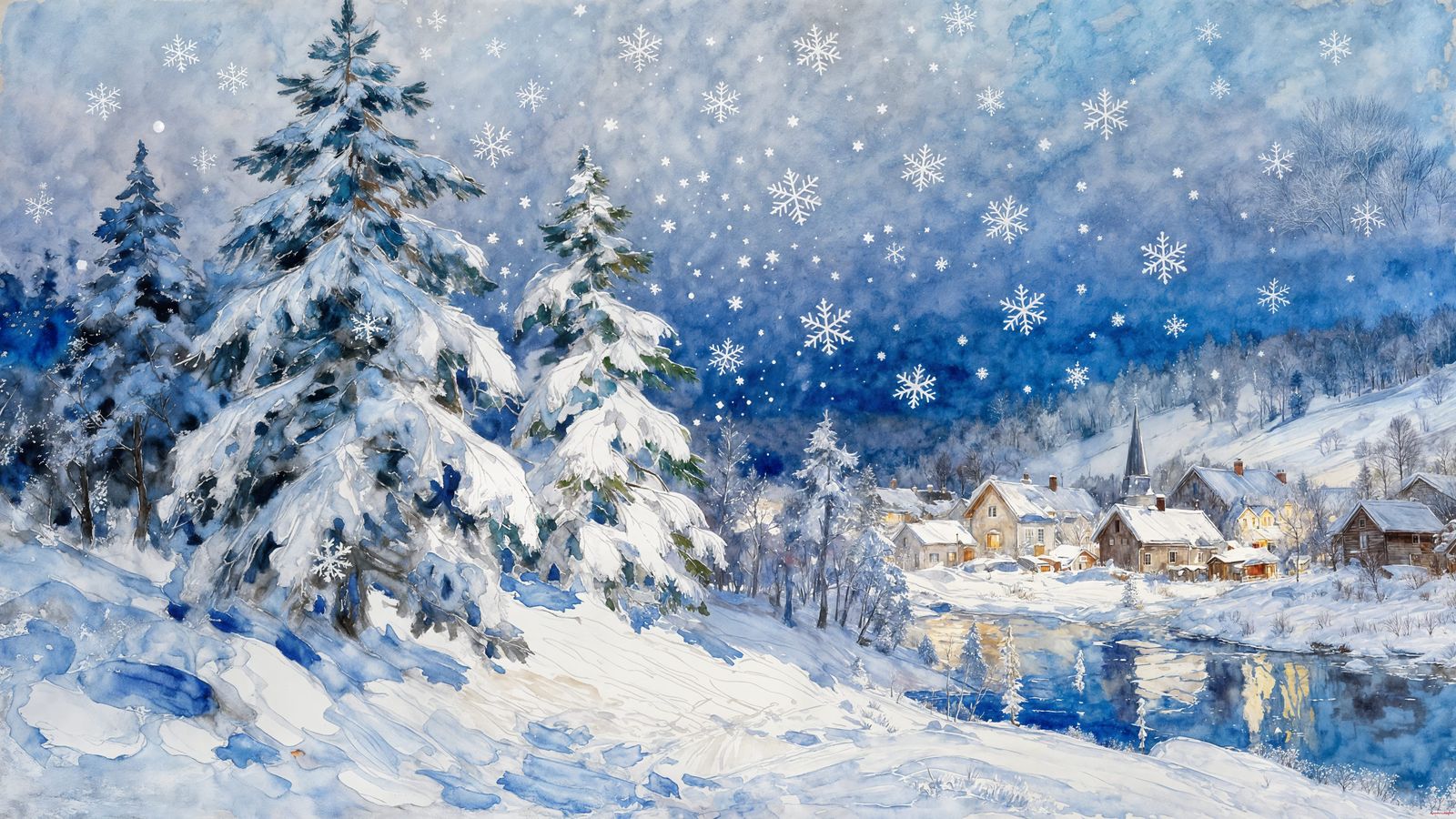 Snowflakes and Snow, a serene winter landscape where delicate snowflakes drift through the air, covering pine trees and ...