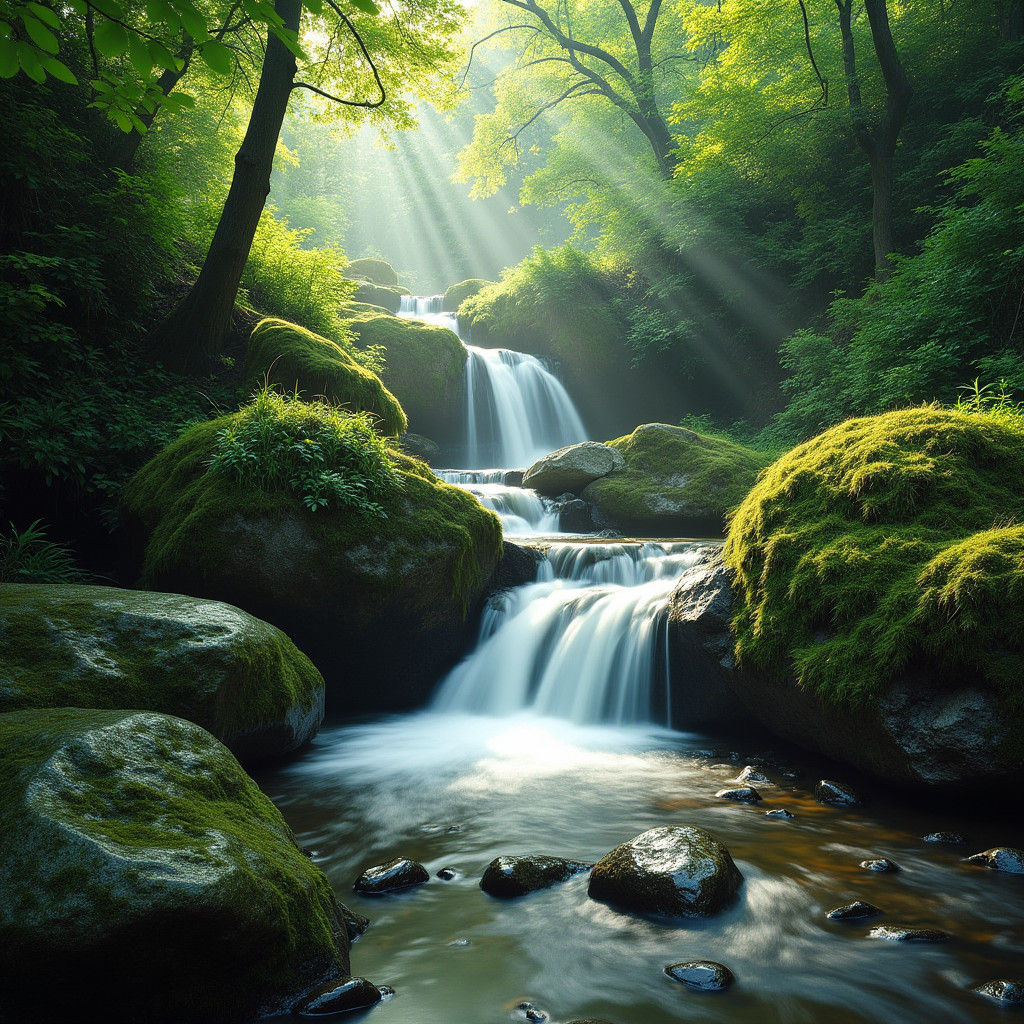 Lush Waterfall Scene with Sunlight, in Impressionistic Style