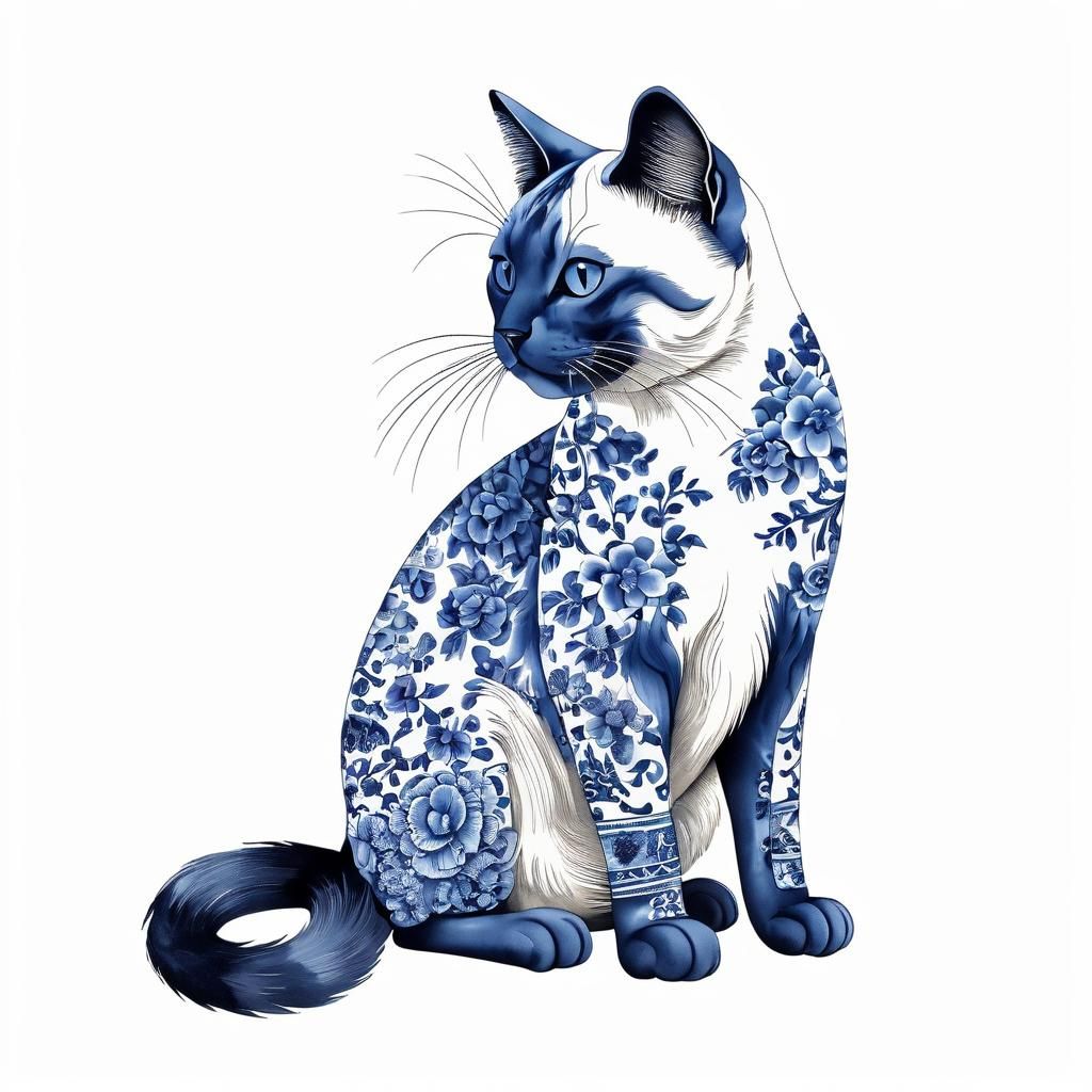 Blue and White Chinoiserie Siamese Cat
