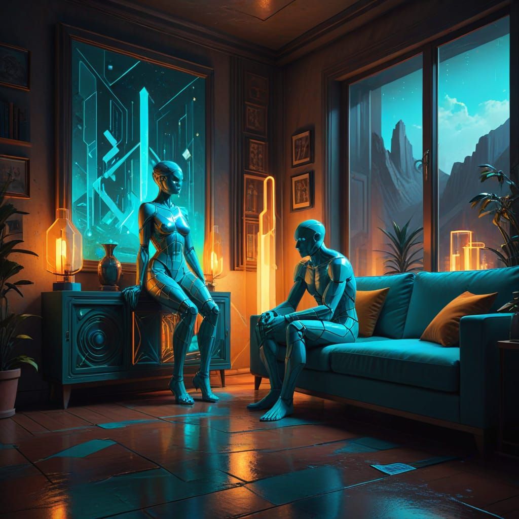 Retro-Futuristic Living Room with Holographic Artifacts