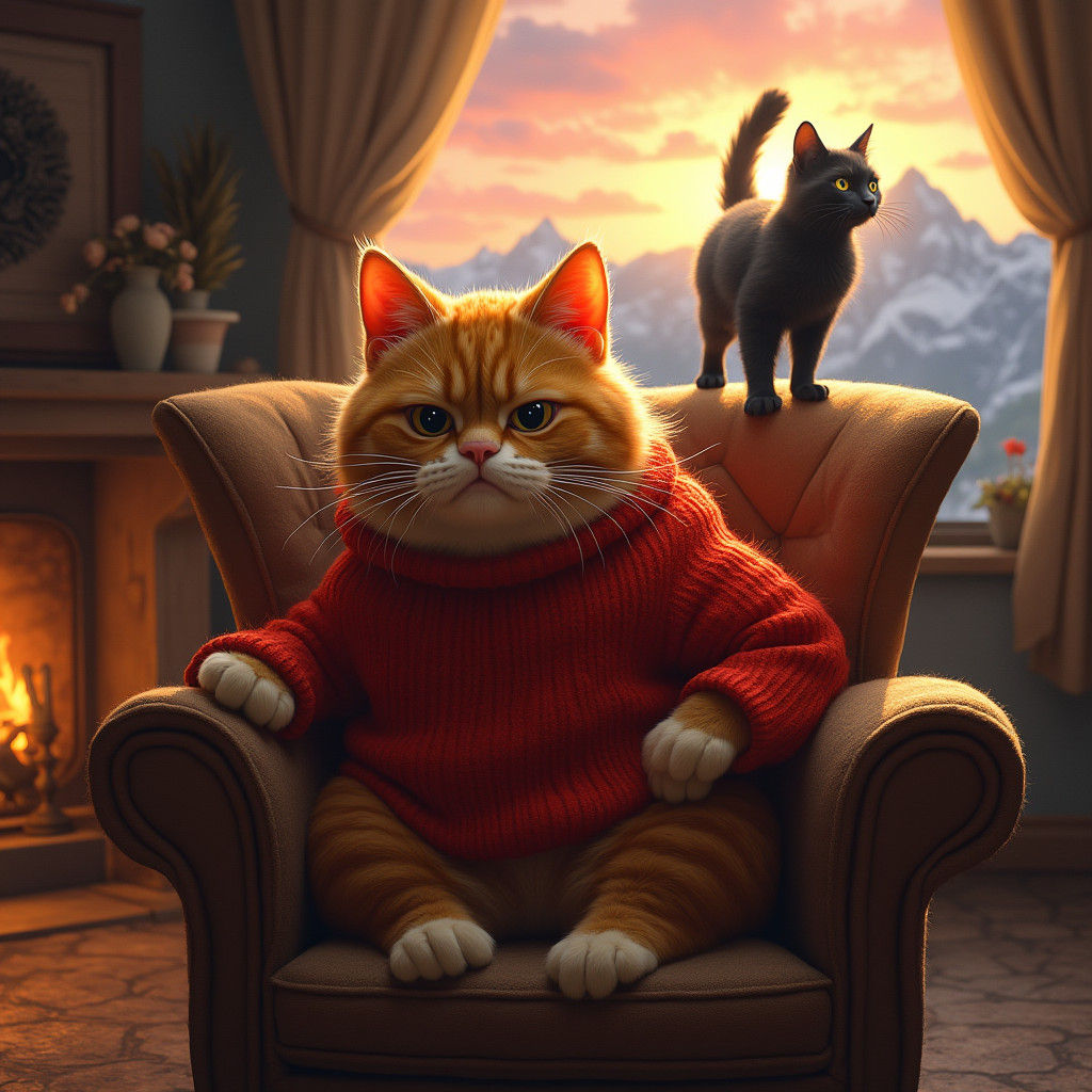 Grumpy Orange Cat in Red Sweater on Armchair