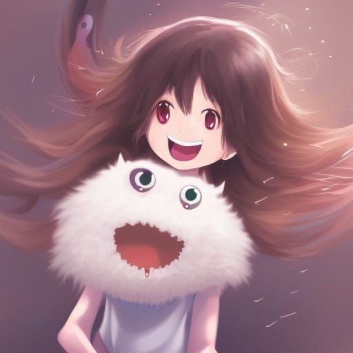 Anime Girl with Smiling Trash Monster Digital Art