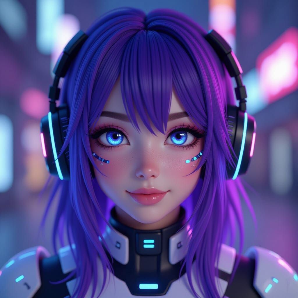 Cyberpunk Anime Girl with Holographic Skin Portrait