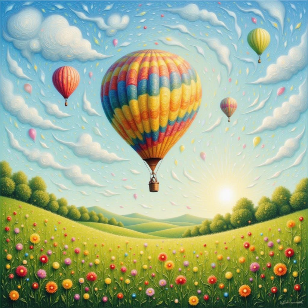 Whimsical Balloons Floating Over Flower Fields