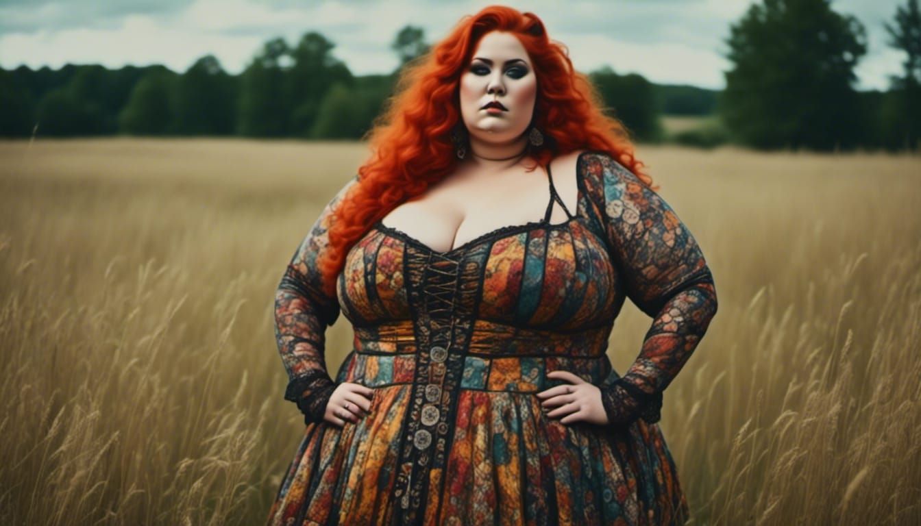 Beautiful Curvy Woman in Hippy Dress, Super-Realistic Photo