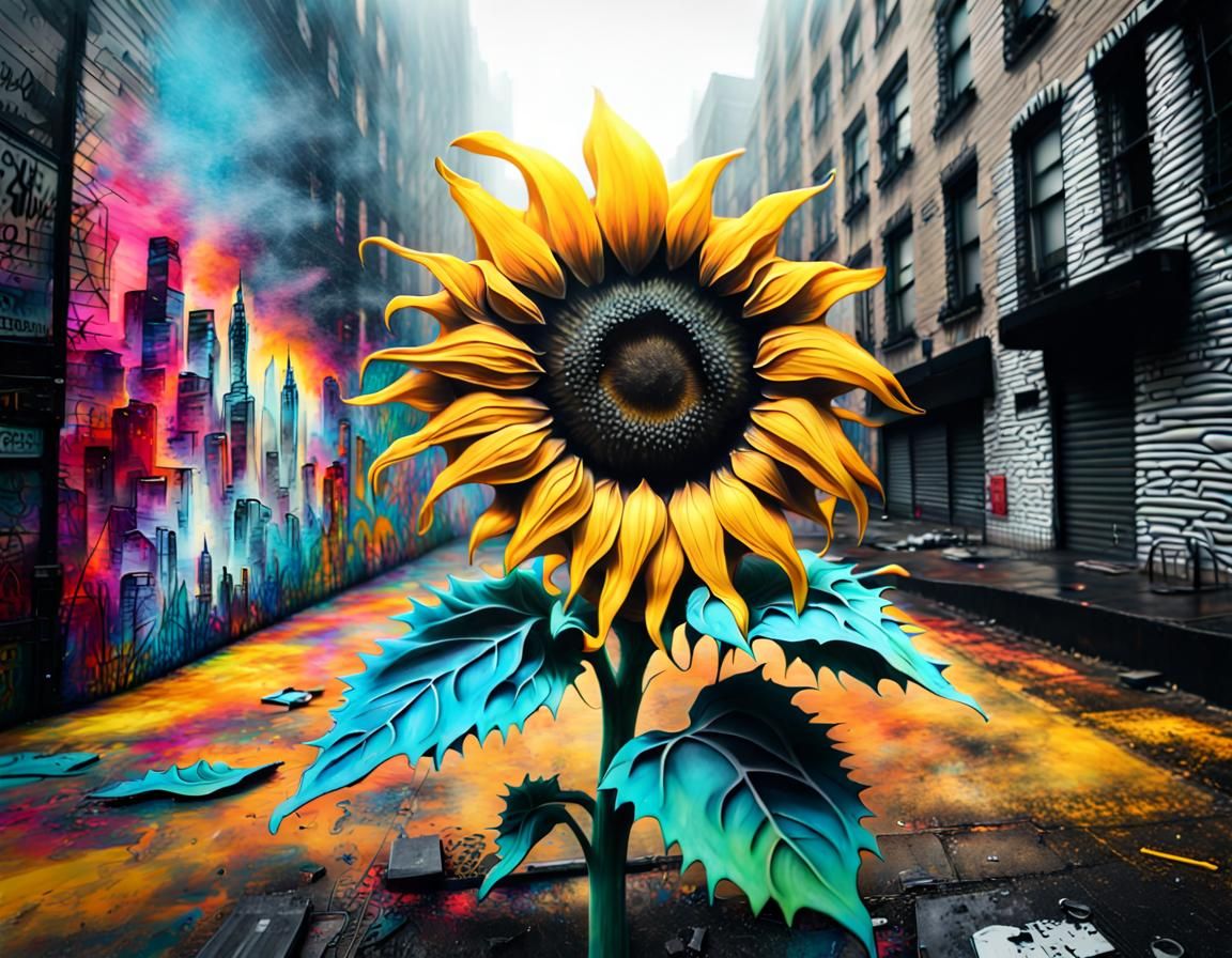 Psychedelic Sunflower Graffiti Art in Dystopian City