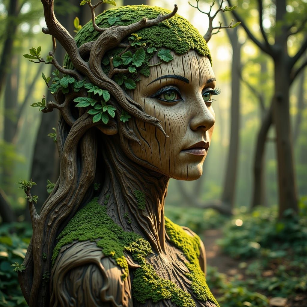 Nature Goddess Emerges from Forest in Painterly Style