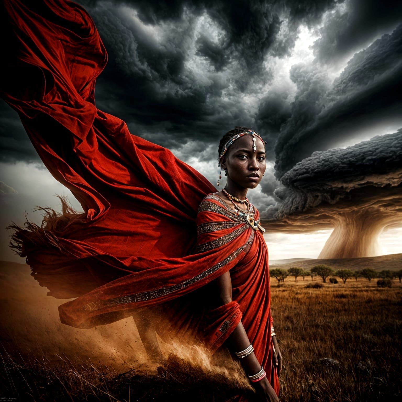 Maasai Woman Embracing Stormy Kenyan Savanna