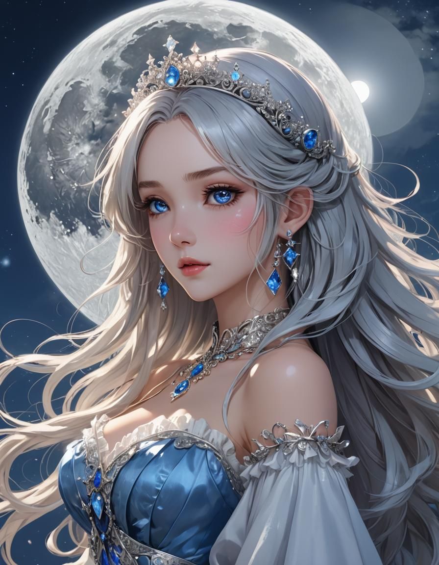 Anime Princess with Silver Hair and Moon