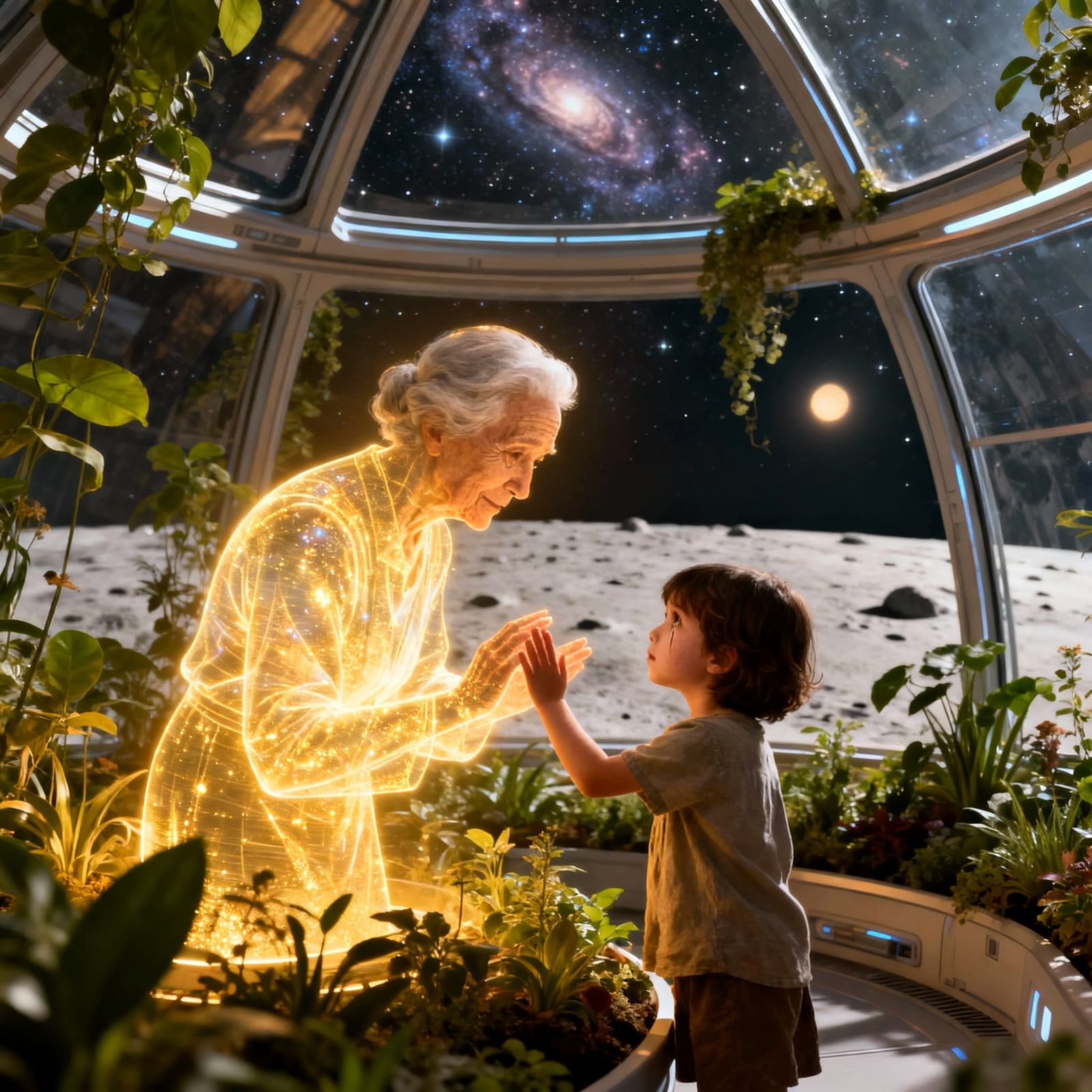 Holographic Grandparent Connects With Child on Lunar Colony