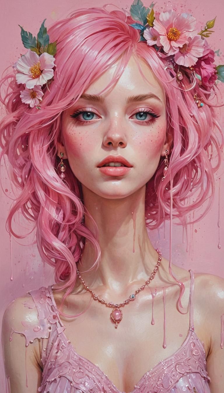 Fantasy Girl with Pink Hair in Aink Painting Style