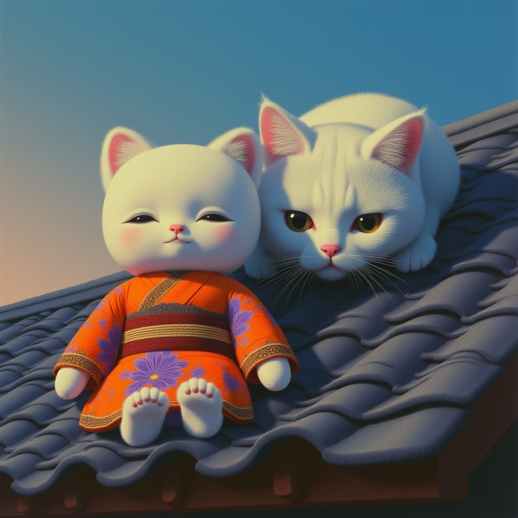 Ichimatsu Doll and Cat on Japanese Roof