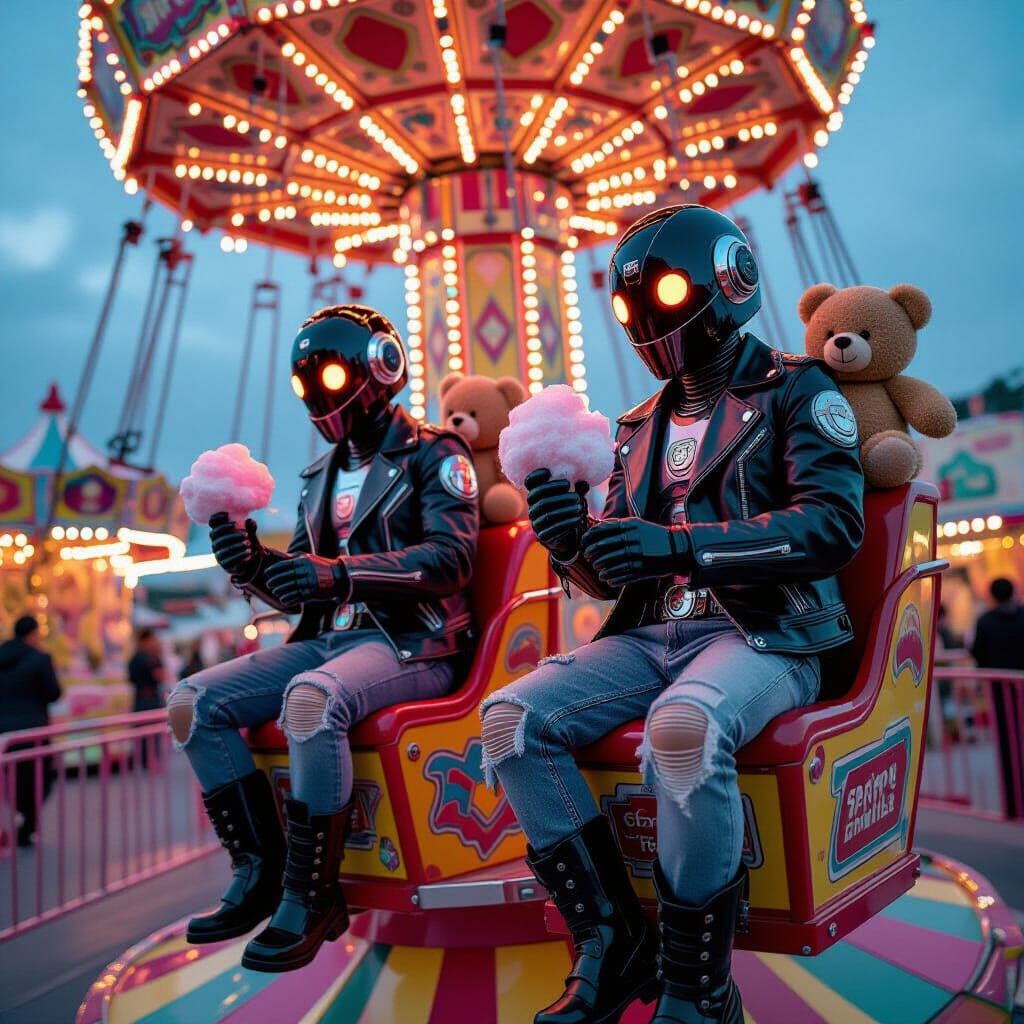 Robots Enjoying Candy Floss at a Cyberpunk Funfair