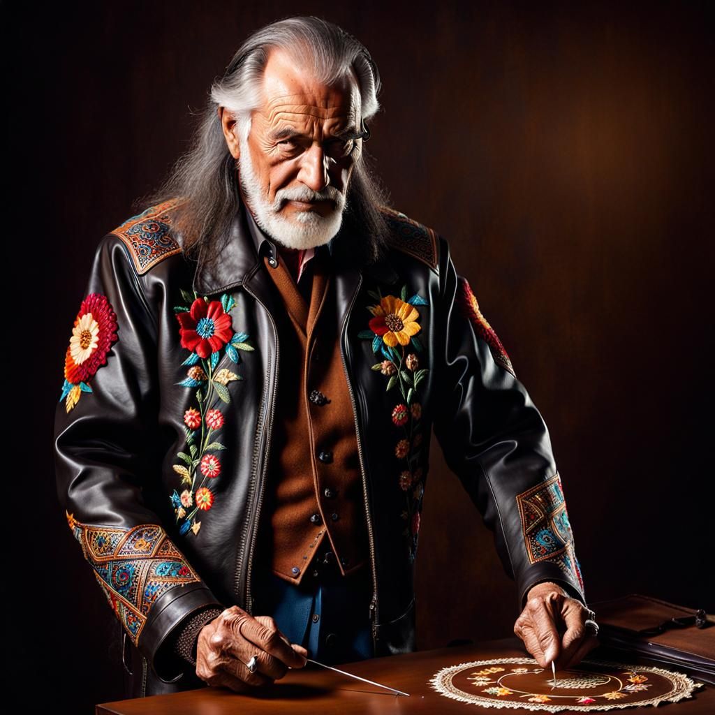 Detailed Portrait of an Embroidered Leather Jacket Tailor