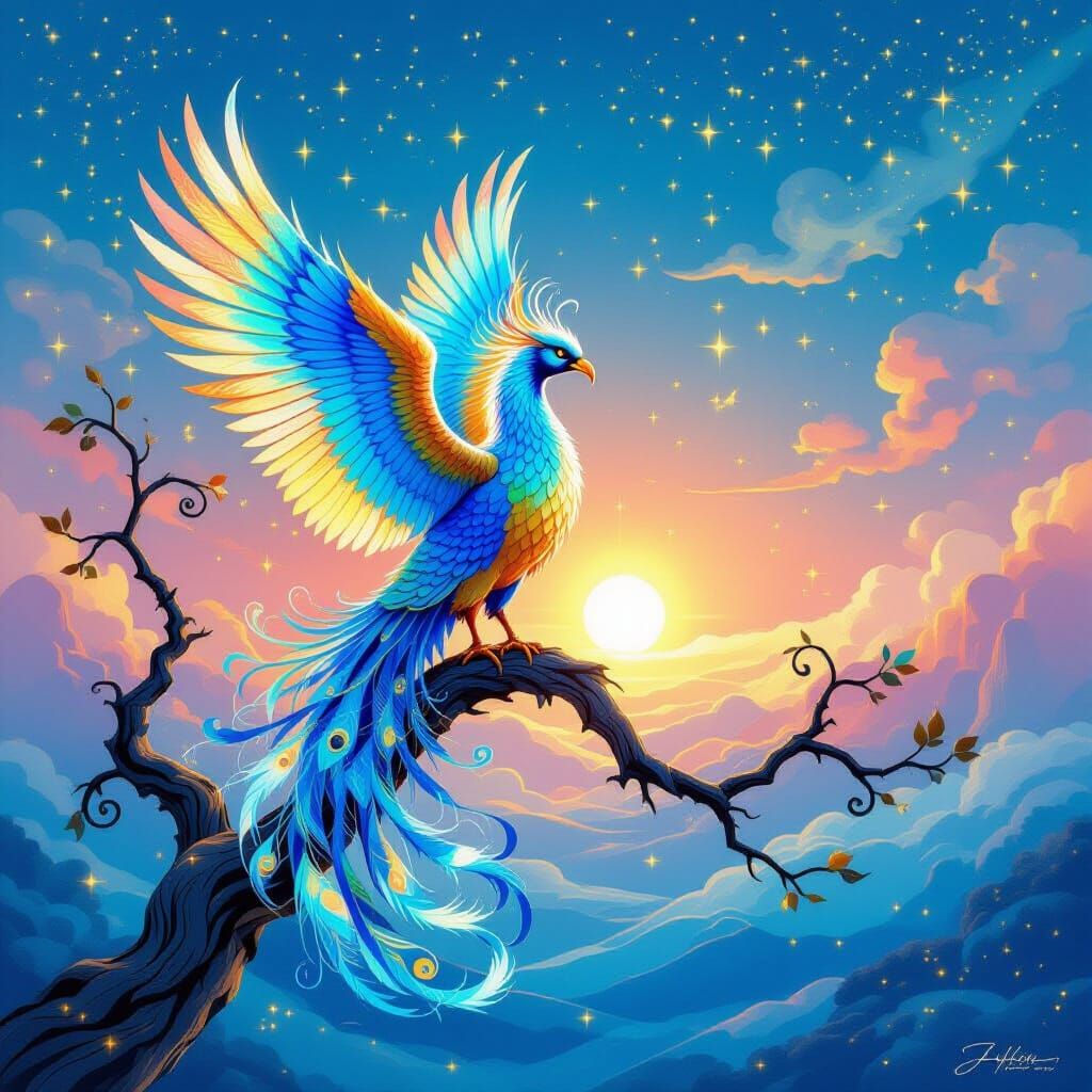 Magical Phoenix on Tsantling Tree in Neo-Rococo Style