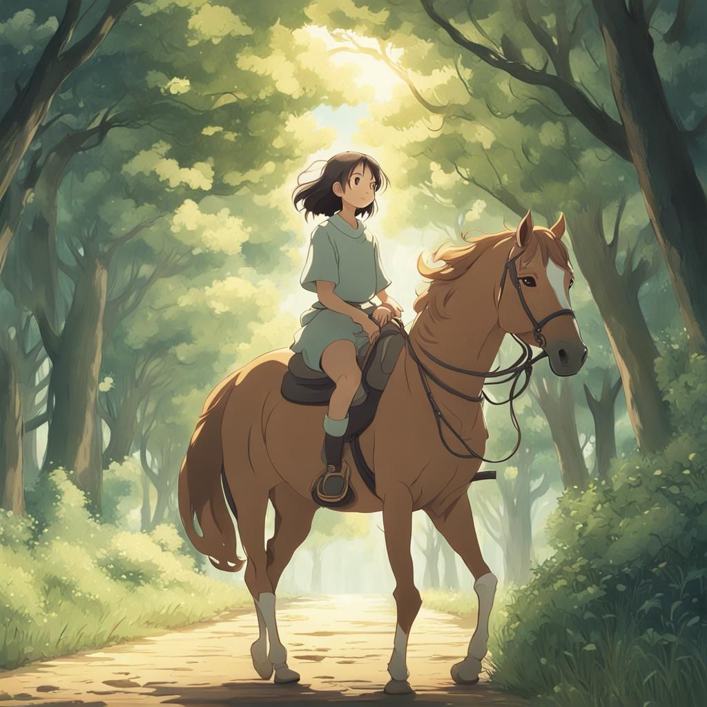 Girl Riding Horse in Anime Flat Style