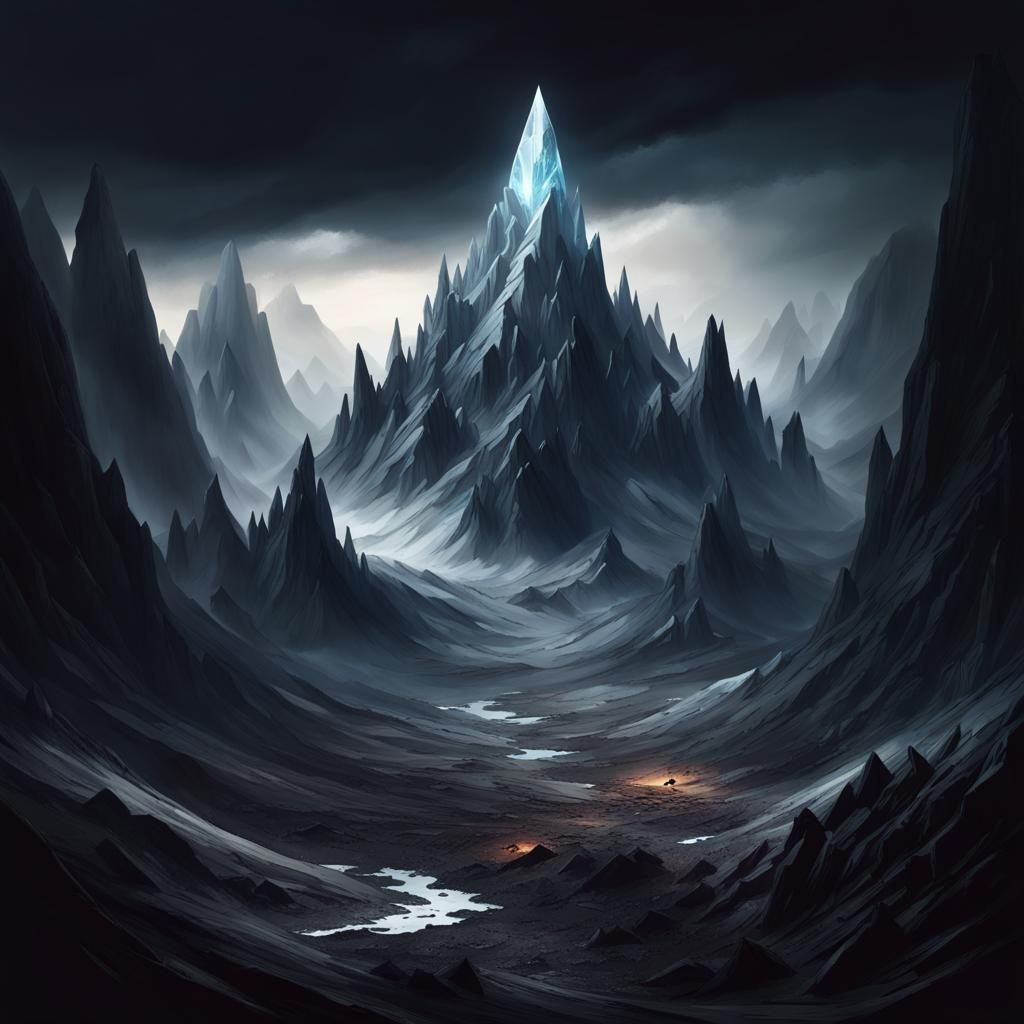 Dangerous Crystal Mountains in Dark Landscape
