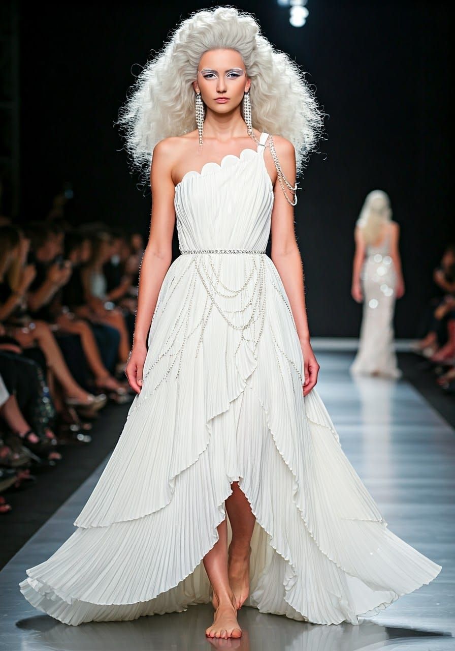 Glamorous Model in Silver-White Gown on Runway