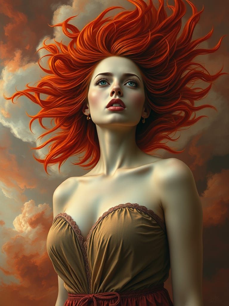 Surreal Red-haired Woman Enthralls in Turbulent Stormy Skies