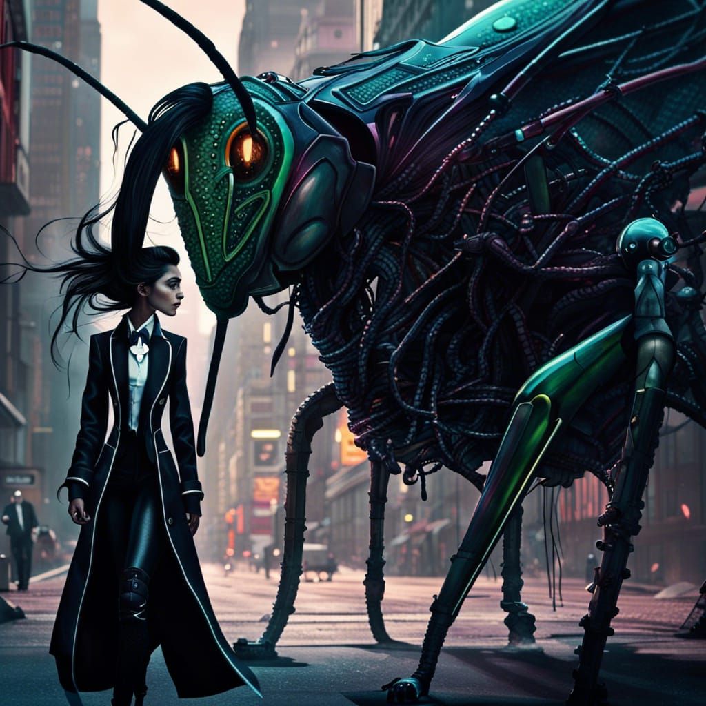 Grasshopper and Girl in Noir Cityscape