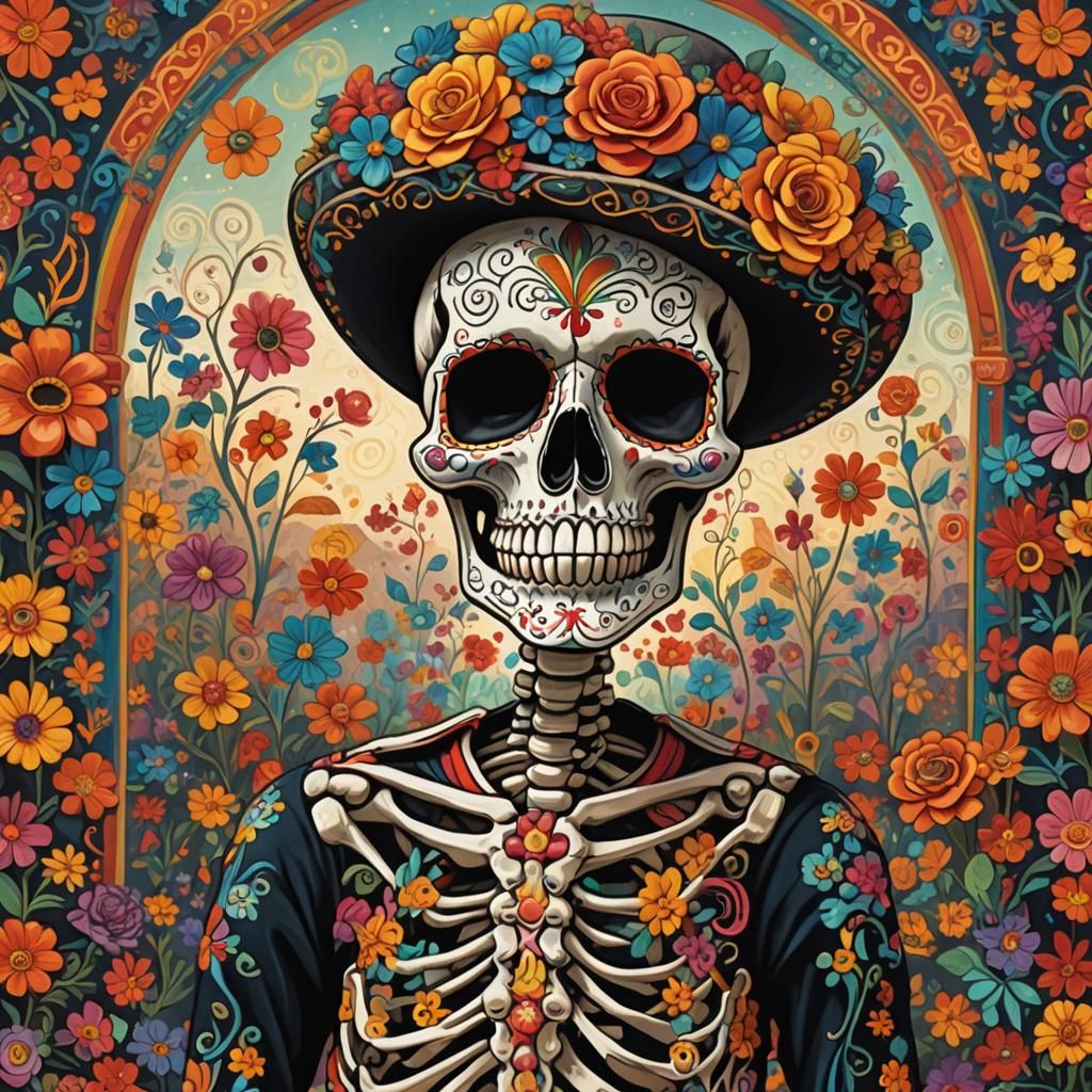Day of the Dead Skeleton in Mexican Folk Art Style