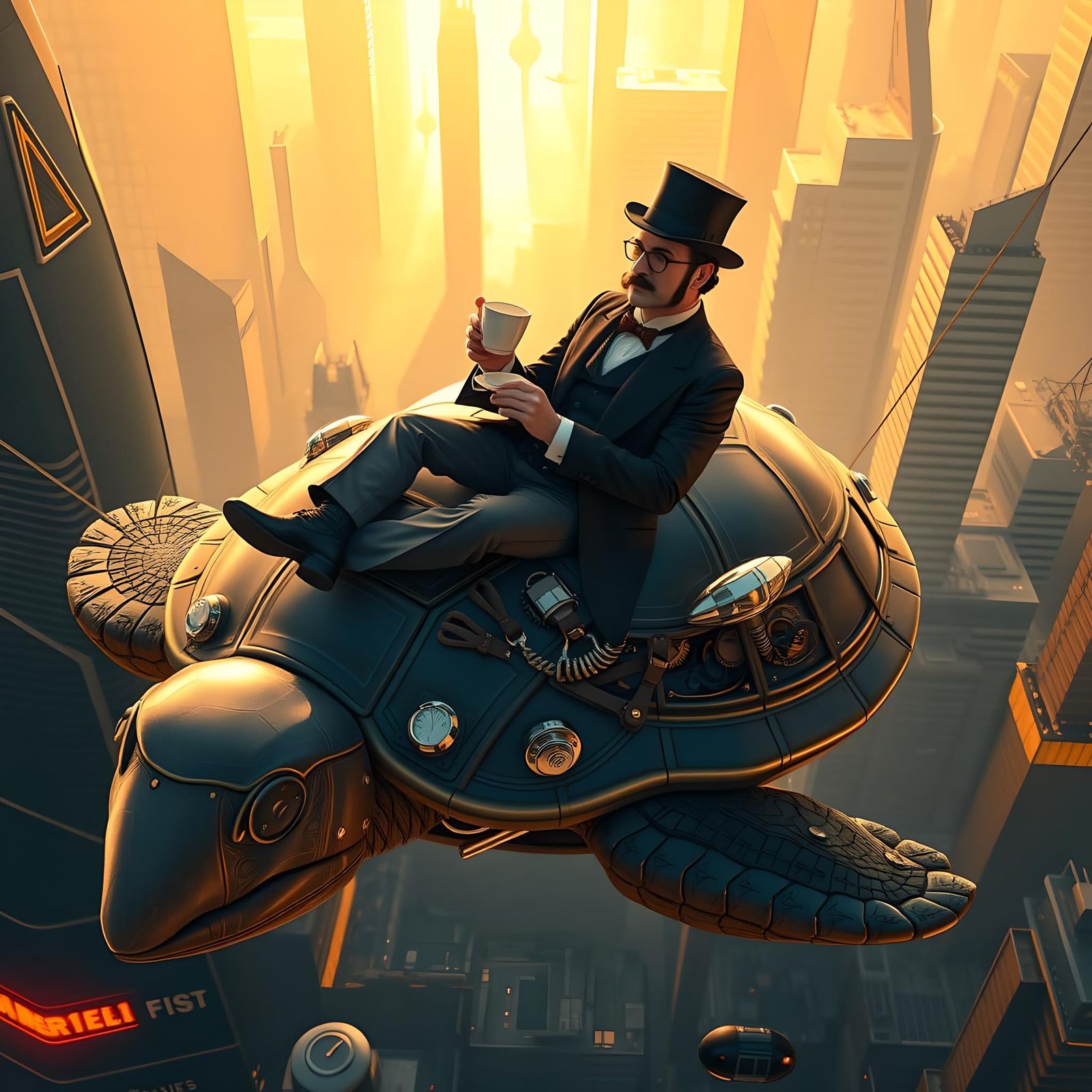 Victorian Gentleman Rides Giant Turtle Over City