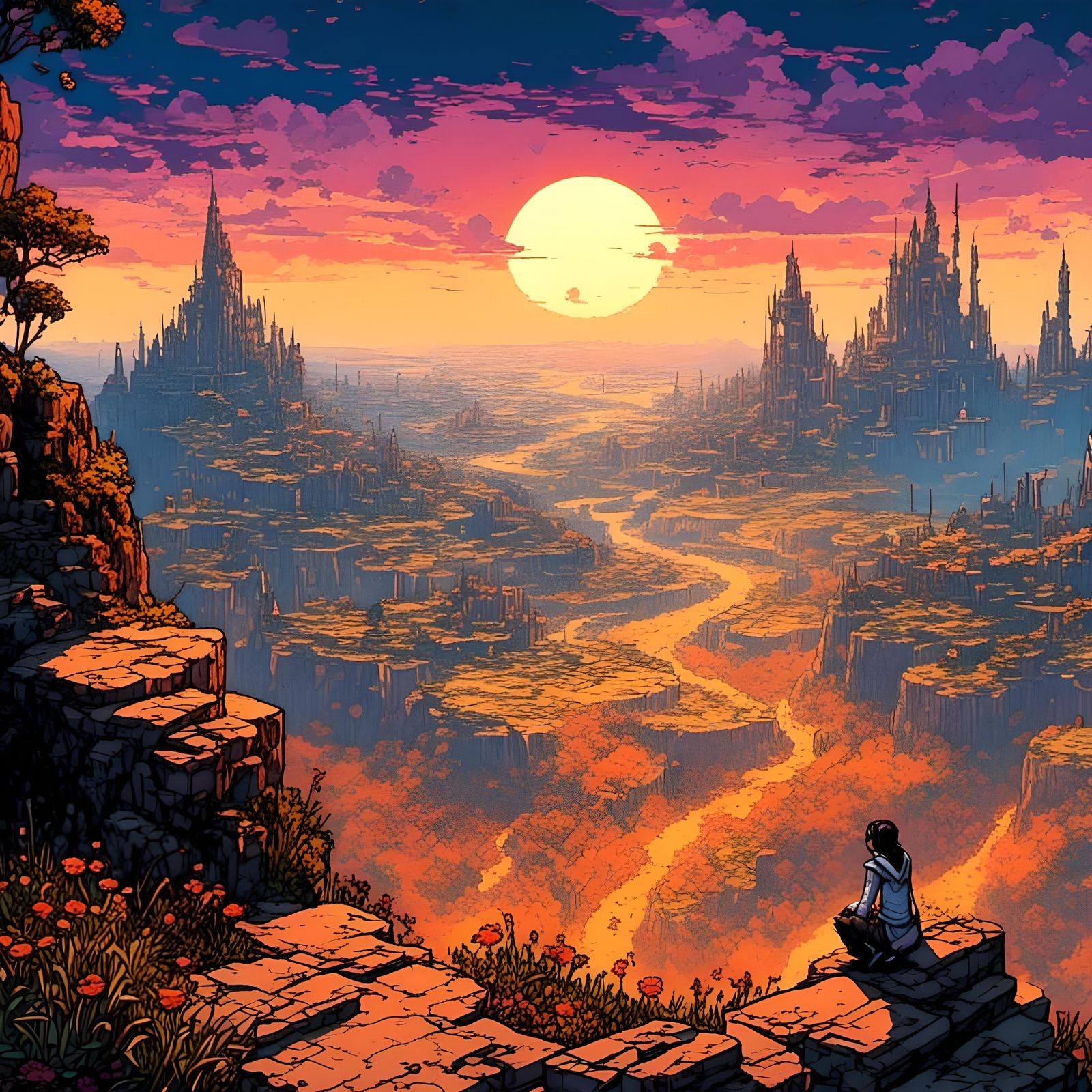 Pixel Art Woman Overlooks Ruined Futuristic City