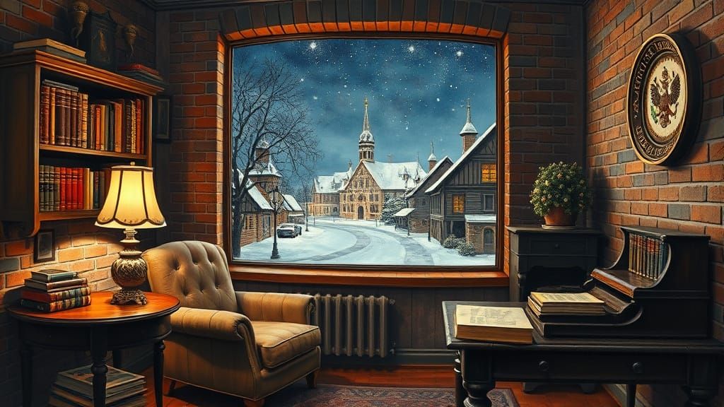 Cozy Home Office at Night: Neo-Impressionist Style