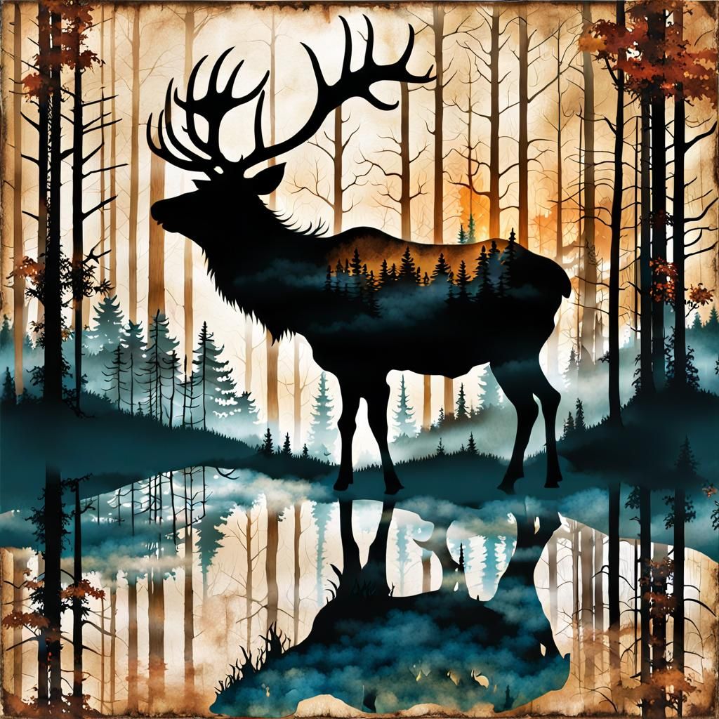 double exposure FALL forest ELK silhouette