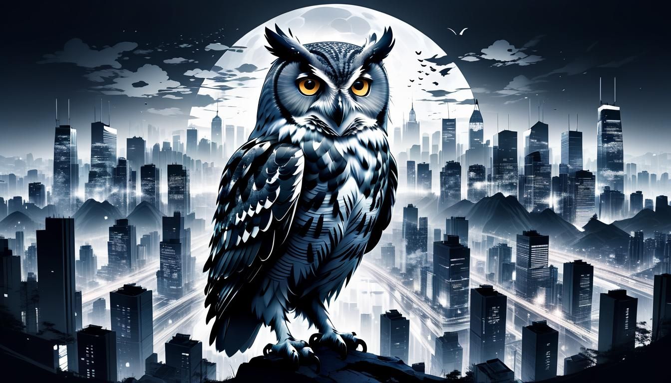 Owl Silhouette Merged with Anime Cityscape