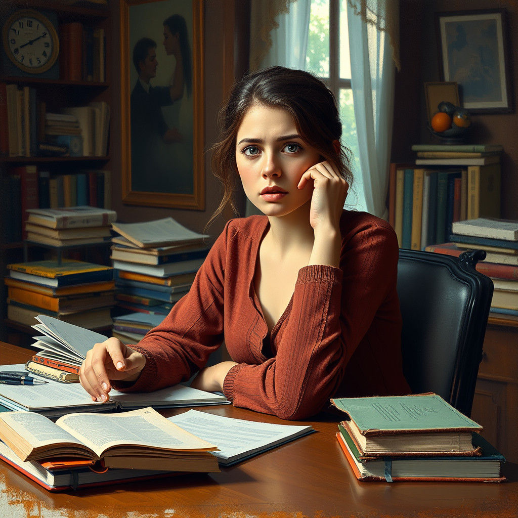 Confused Student at Desk in Impressionist Style