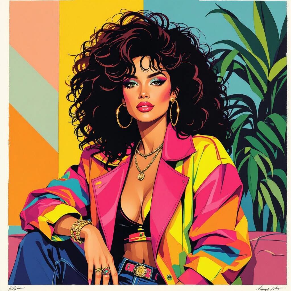 1980s Neon Woman in Lithograph Style