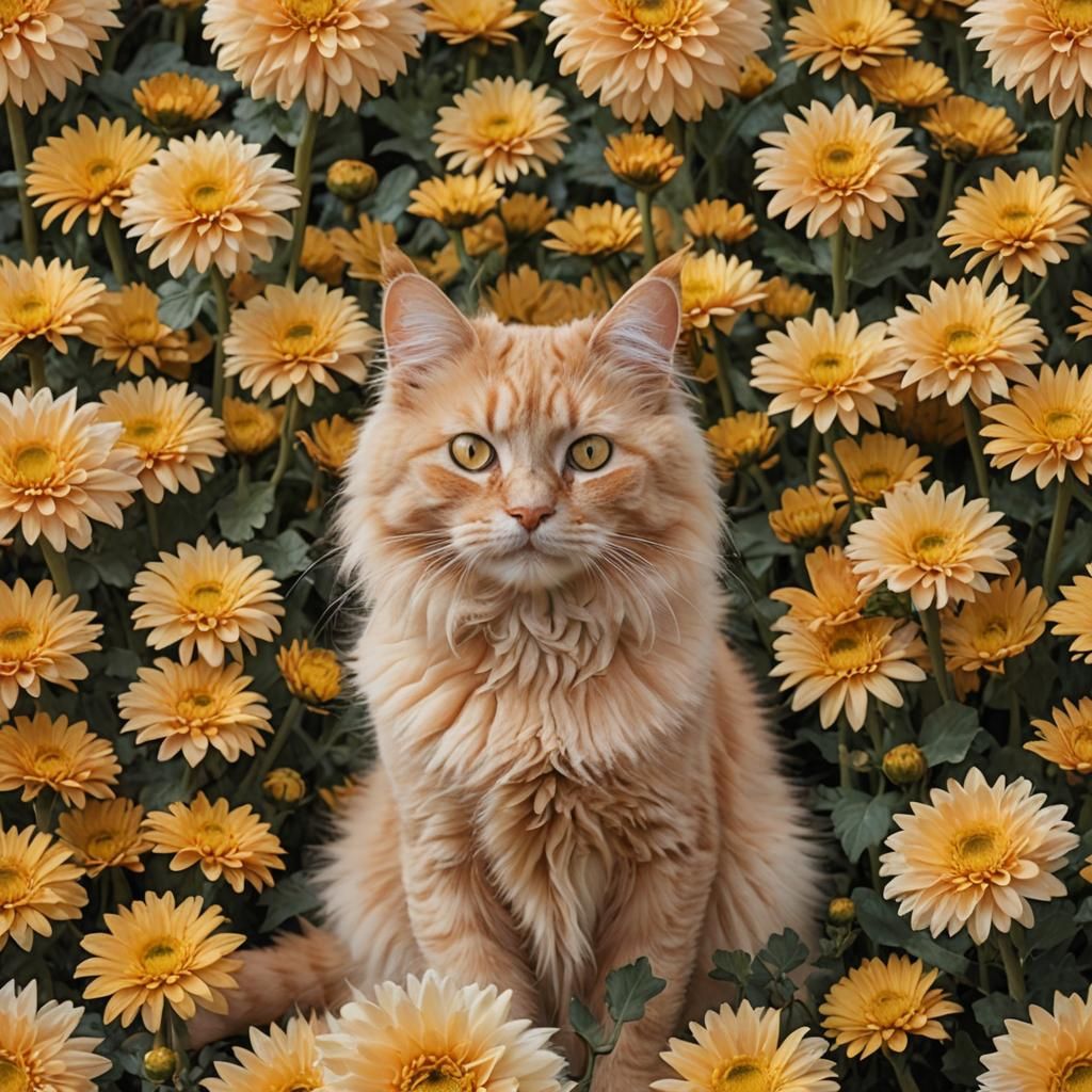 Ginger Cat with Golden Eyes Among Chrysanthemums
