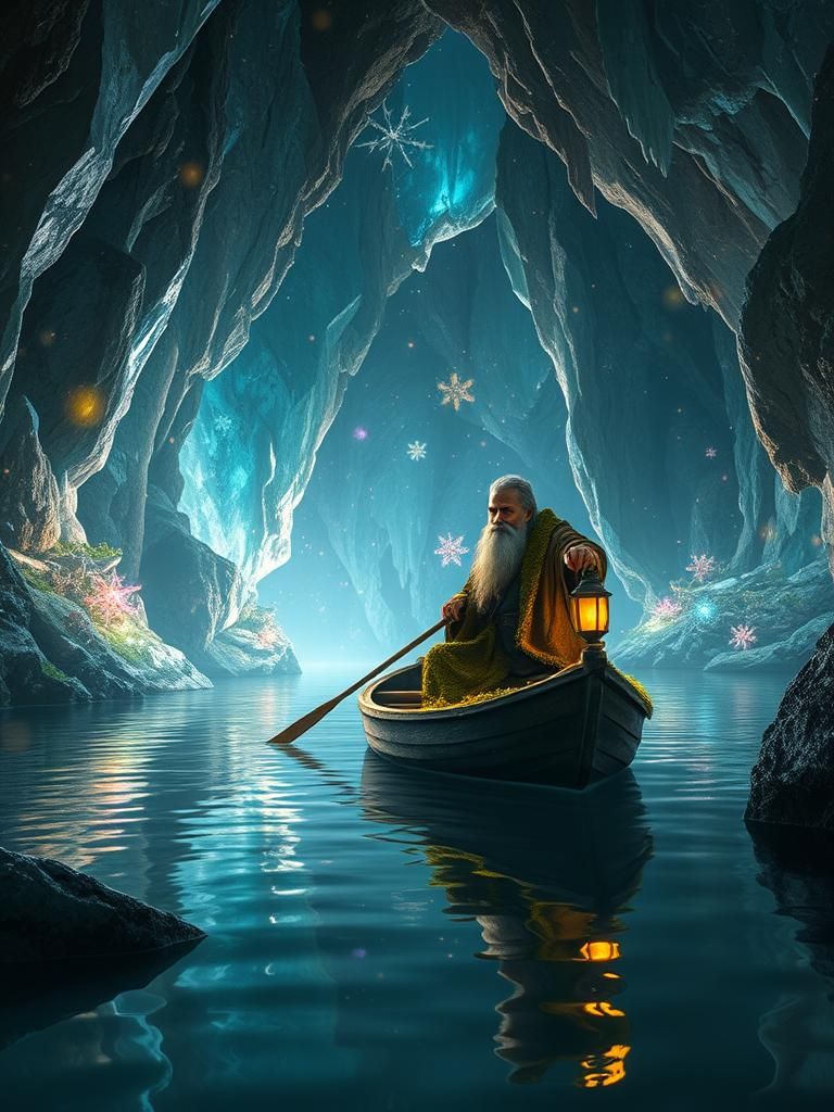 Ethereal Boatman Navigating Crystal Cave in Dreamscape Style