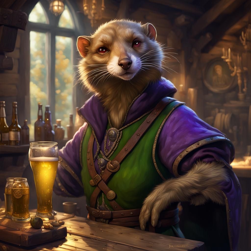 Anthropomorphic Weasel in Tavern, Dark Fantasy Art
