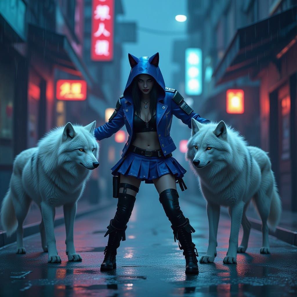 Cyberpunk Woman Attacked by Wolves Near Neon Bar