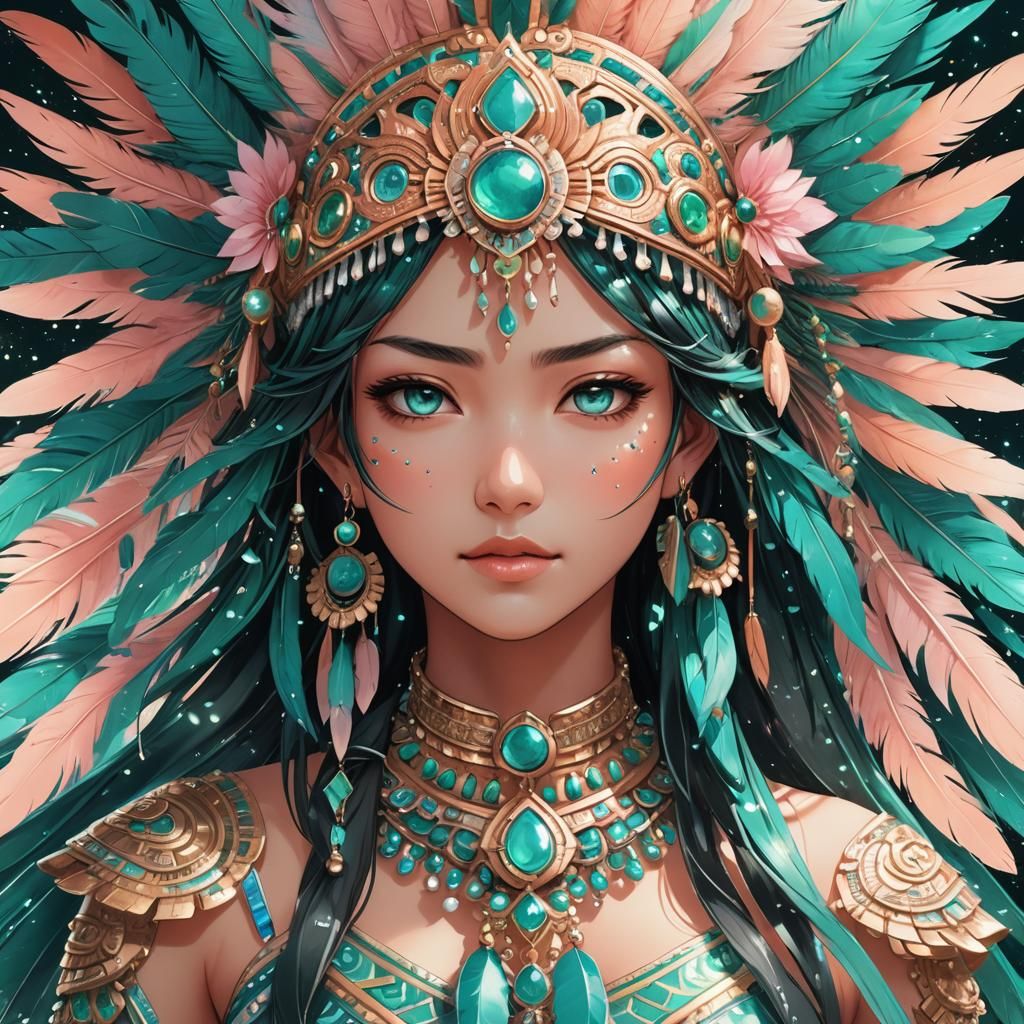 Aztec Woman in Anime Style with Silver Embroidery